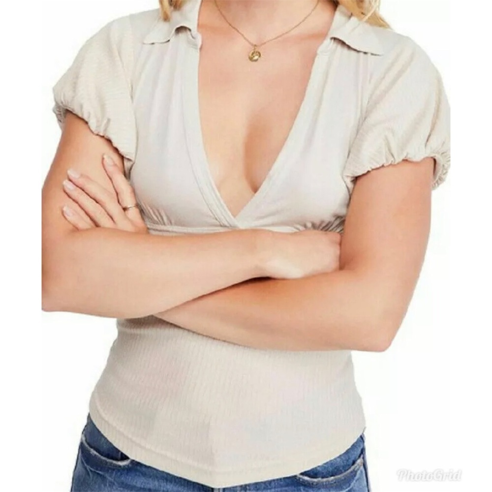 Free People Molly Deep V Ribbed Top Ivory/ Med